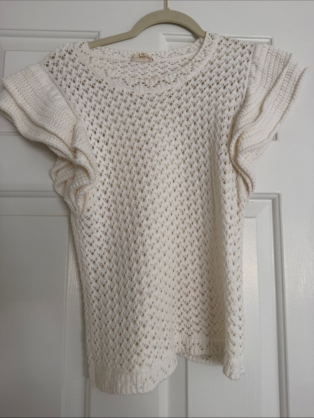 Cream Open-Knit Ruffle Sleeve Sweater